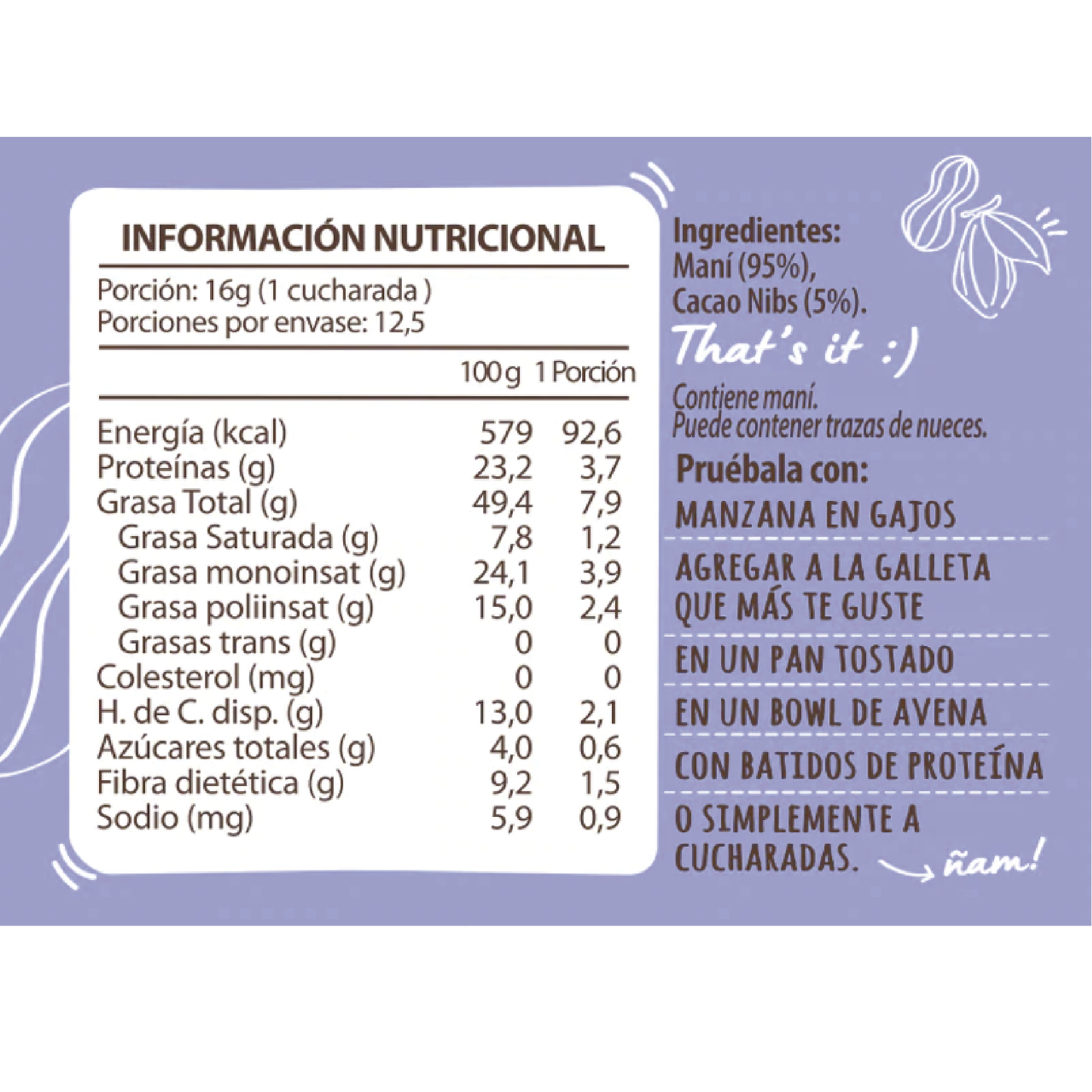 Mantequilla de mani con Cacao Nibs 200gr - SmartSnack